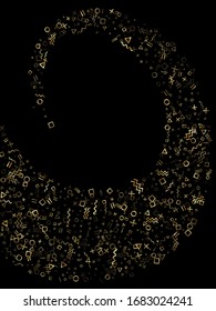 Gold geometric confetti vector memphis style background with triangle, circle, square shapes, zigzag and wavy line ribbons. Retro 80s style bauhaus gold tinsel party confetti on black.