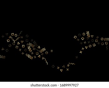 El vector de confeti geométrico dorado mueve el fondo de estilo con cintas triangulares, circulares, cuadradas, chevron y líneas onduladas. Tinta amarilla dorada brillante estilo años 90 volando sobre negro.