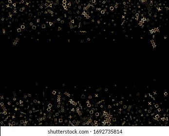 El vector de confeti geométrico dorado mueve el fondo de estilo con cintas triangulares, circulares, cuadradas, chevron y líneas onduladas. El estilo vintage de los años 80 deja su tinte amarillo dorado confetti volando sobre negro.