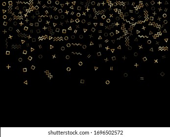 Gold geometric confetti vector memphis style background with triangle, circle, square shapes, zigzag and wavy line ribbons. Festive 90s style bauhaus gold yellow glitter confetti flying on black.