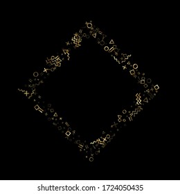 Gold geometric confetti vector memphis style background with triangle, circle, square shapes, zigzag and wavy line ribbons. Glossy 90s style bauhaus gold yellow glitter party confetti on black.
