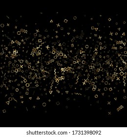Gold geometric confetti vector memphis style background with triangle, circle, square shapes, chevron and wavy line ribbons. Tinsel 90s style bauhaus gold yellow glitter party confetti on black.