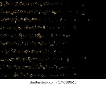 Gold geometric confetti vector memphis style background with triangle, circle, square shapes, zigzag and wavy line ribbons. Fancy 80s style bauhaus gold tinsel confetti flying on black.