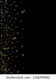 Gold geometric confetti vector memphis style background with triangle, circle, square shapes, chevron and wavy line ribbons. Retro 80s style bauhaus gold glitter confetti falling on black.