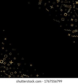 El vector de confeti geométrico dorado hace memphis de estilo con el fondo triángulo, círculo, formas cuadradas, zigzag y cintas de línea ondulada. El estilo retro de los años 80 hace que el confeti de chispa amarilla de oro caiga sobre el negro.