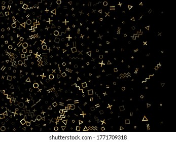 Gold geometric confetti vector memphis style background with triangle, circle, square shapes, zigzag and wavy line ribbons. Flat 80s style memphis gold sparkle party confetti on black.