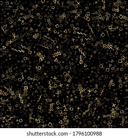Gold geometric confetti vector memphis style background with triangle, circle, square shapes, zigzag and wavy line ribbons. Glowing 80s style memphis gold yellow glitter party confetti on black.