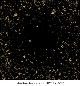 Gold geometric confetti vector memphis style background with triangle, circle, square shapes, chevron and wavy line ribbons. Fancy 90s style bauhaus gold glitter confetti falling on black.