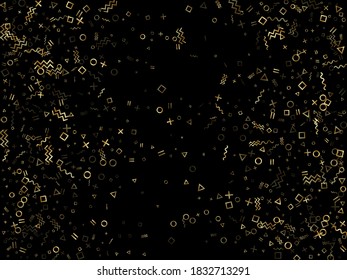 Goldener geometrischer Konfetti-Vektorgrafik-Hintergrund mit Dreieck, Kreis, quadratischen Formen, Zickzack und gewellten Linienbändern. Hipster 80er Jahre Stil Memphis Gold gelben Funkeln Konfetti fallen auf Schwarz.