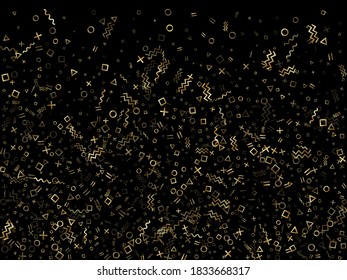 Gold geometric confetti vector memphis style background with triangle, circle, square shapes, zigzag and wavy line ribbons. Small 80s style memphis gold glitter confetti flying on black.