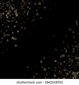 Gold geometric confetti vector memphis style background with triangle, circle, square shapes, zigzag and wavy line ribbons. Trendy 80s style memphis gold tinsel confetti falling on black.