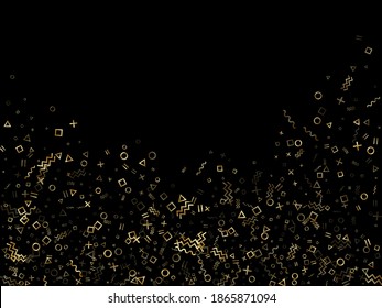 Gold geometric confetti vector memphis style background with triangle, circle, square shapes, chevron and wavy line ribbons. Glowing 80s style memphis gold yellow sparkle party confetti on black.