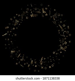 Gold geometric confetti vector memphis style background with triangle, circle, square shapes, chevron and wavy line ribbons. Luxury 90s style bauhaus gold yellow sparkle confetti falling on black.