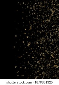 Gold geometric confetti vector memphis style background with triangle, circle, square shapes, zigzag and wavy line ribbons. Festive 90s style memphis gold sparkle confetti falling on black.