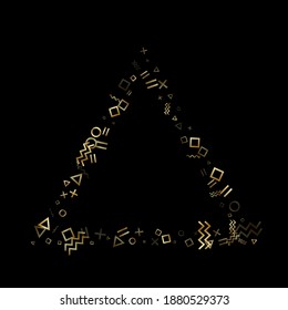 Gold geometric confetti vector memphis style background with triangle, circle, square shapes, zigzag and wavy line ribbons. Small 90s style memphis gold yellow sparkle party confetti on black.