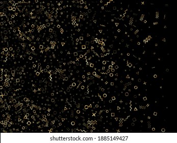 Gold geometric confetti vector memphis style background with triangle, circle, square shapes, chevron and wavy line ribbons. Cool 90s style bauhaus gold glitter confetti flying on black.