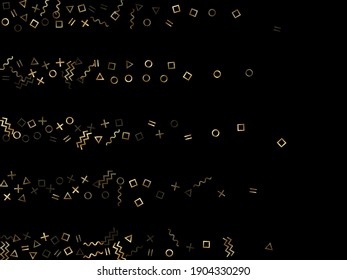 Gold geometric confetti vector memphis style background with triangle, circle, square shapes, chevron and wavy line ribbons. Tinsel 90s style bauhaus gold yellow tinsel confetti flying on black.