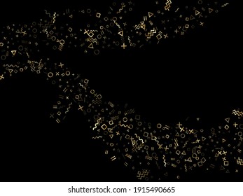 Gold geometric confetti vector memphis style background with triangle, circle, square shapes, chevron and wavy line ribbons. Simple 80s style bauhaus gold yellow sparkle party confetti on black.