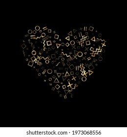Gold geometric confetti vector memphis style background with triangle, circle, square shapes, chevron and wavy line ribbons. Glowing 80s style memphis gold yellow glitter confetti flying on black.