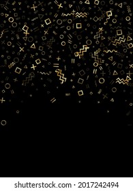 El vector de confeti geométrico dorado hace memphis de estilo con el fondo triángulo, círculo, formas cuadradas, tramos de chevron y líneas onduladas. El estilo de los años 80 hace que se le caiga el confieso de lata amarilla de oro sobre negro.