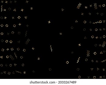 El vector de confeti geométrico dorado hace memphis de estilo con el fondo triángulo, círculo, formas cuadradas, zigzag y cintas de línea ondulada. Tinsel 90 estilo bauhaus oro tinsel confetti cayendo sobre negro.