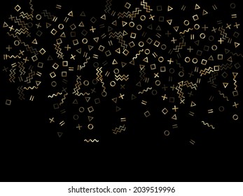 Goldener geometrischer Konfetti-Vektorgrafik-Hintergrund mit Dreieck, Kreis, quadratischen Formen, Zickzack und gewellten Linienbändern. Cool 80er Jahre Bauhaus goldgelb tinsel Konfetti fliegen auf Schwarz.