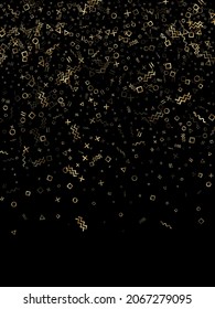 Gold geometric confetti vector memphis style background with triangle, circle, square shapes, chevron and wavy line ribbons. Digital 80s style bauhaus gold yellow tinsel party confetti on black.