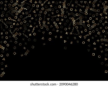 Gold geometric confetti vector memphis style background with triangle, circle, square shapes, chevron and wavy line ribbons. Fancy 80s style bauhaus gold glitter confetti flying on black.