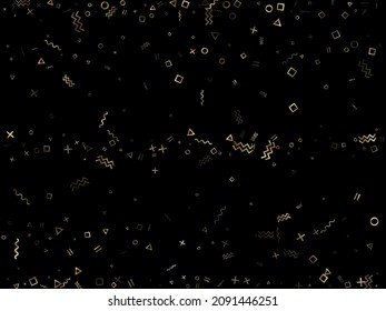 El vector de confeti geométrico dorado hace memphis de estilo con el fondo triángulo, círculo, formas cuadradas, tramos de chevron y líneas onduladas. Confeti de oro de bauhaus estilo años 90 plana cayendo sobre negro.
