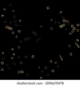 Gold geometric confetti vector memphis style background with triangle, circle, square shapes, chevron and wavy line ribbons. Modern 80s style bauhaus gold tinsel party confetti on black.