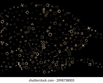Gold geometric confetti vector memphis style background with triangle, circle, square shapes, zigzag and wavy line ribbons. Small 80s style bauhaus gold sparkle party confetti on black.