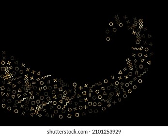 Goldener geometrischer Konfetti-Vektorgrafik-Hintergrund mit Dreieck, Kreis, quadratischen Formen, Zickzack und gewellten Linienbändern. Kleine 90er Jahre Bauhaus goldgelb tinsel Konfetti fliegen auf Schwarz.