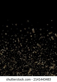 Gold geometric confetti vector memphis style background with triangle, circle, square shapes, zigzag and wavy line ribbons. Trendy 80s style memphis gold yellow sparkle confetti flying on black.