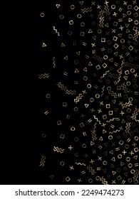 Gold geometric confetti vector memphis style background with triangle, circle, square shapes, zigzag and wavy line ribbons. Vintage 80s style memphis gold glitter confetti falling on black.