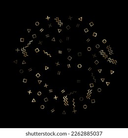 Gold geometric confetti vector memphis style background with triangle, circle, square shapes, zigzag and wavy line ribbons. Vintage 80s style memphis gold glitter confetti flying on black.