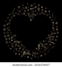 Gold geometric confetti vector memphis style background with triangle, circle, square shapes, chevron and wavy line ribbons. Glossy 90s style bauhaus gold yellow glitter party confetti on black.