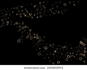 Gold geometric confetti vector memphis style background with triangle, circle, square shapes, chevron and wavy line ribbons. Tinsel 90s style memphis gold yellow glitter confetti flying on black.