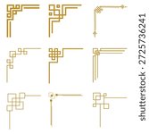 Gold geometric corner frame set. Vector luxury linear angle borders for Chinese New Year certificate or card decoration