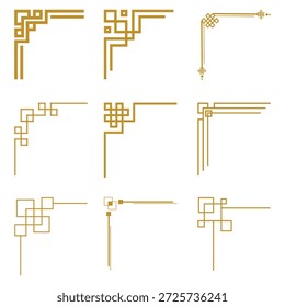 Gold geometric corner frame set. Vector luxury linear angle borders for Chinese New Year certificate or card decoration