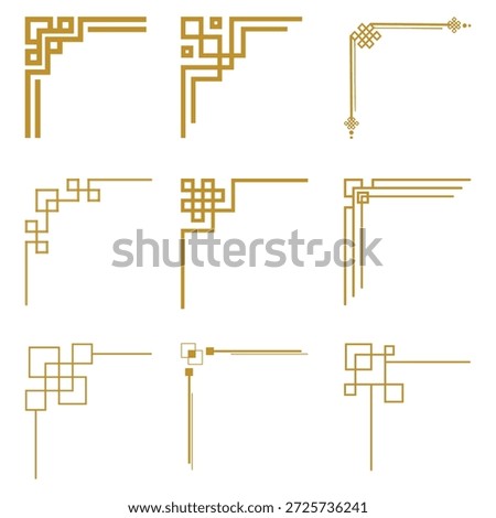 Gold geometric corner frame set. Vector luxury linear angle borders for Chinese New Year certificate or card decoration