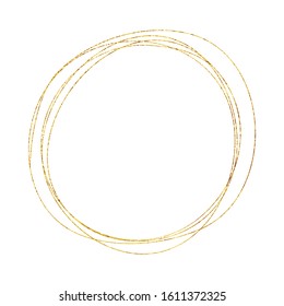 Gold Geometric Crystal Frame With Detailed Vector Foil Texture. Isolated Golden Thin Line Art Or Outline Linear Circle Scribble Textured Frame. Art Deco And Modern Style. Sparkle Glitter Dust