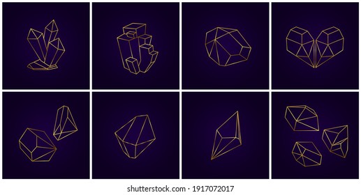 Geometrische goldene Kristalle. 3D-Diamantformen, Umrisskarten für goldene Kristalle. Gem Stones Linie Vektor Formulare