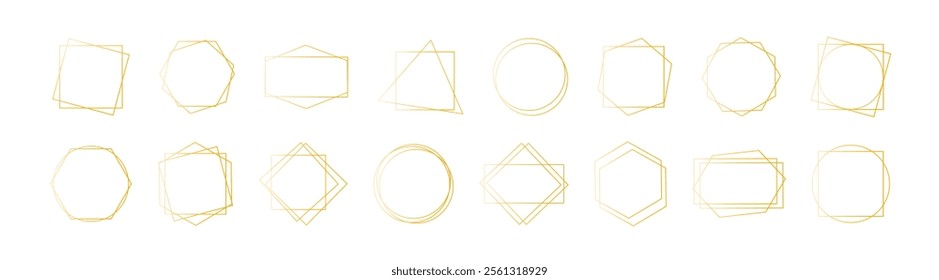 Gold geometric frame collection. Gold geometrical polyhedron wedding invitation deco style design. Empty decorative borders or highlights