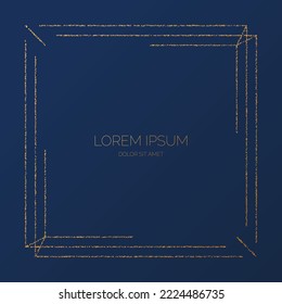 Gold geometric frame. Golden foil embossed border with shining effects. Vintage stippled glowing lines background. Golden luxury design. 