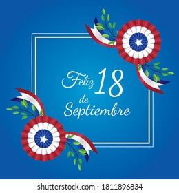 
Gold geometric frame, message that says "Feliz 18 de septiembre". Plant Decoration and Cockade Celebration Chile Independence Day, Background blue Vector Illustration.