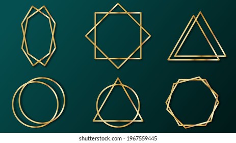 Gold geometric frame set for invitation and luxury template. Gold polyhedron set in art deco style. Abstract geometric vector golden frames for elegant premium decor. Vector design element collection