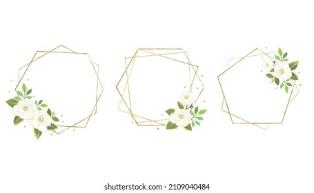 Gold geometric frame set with white camellia flowers