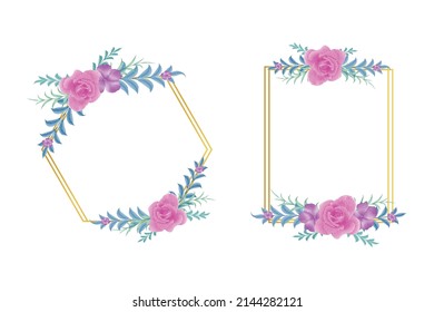 Gold geometric frame with Watercolor pink peony and gray leaf