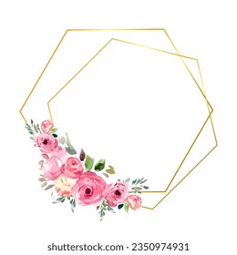 Gold geometric frame with watercolor pink roses and green leaves, vector template isolated on white 