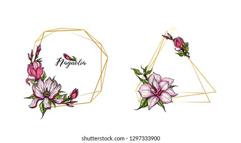 gold geometric gold frames with Magnolia flowers
